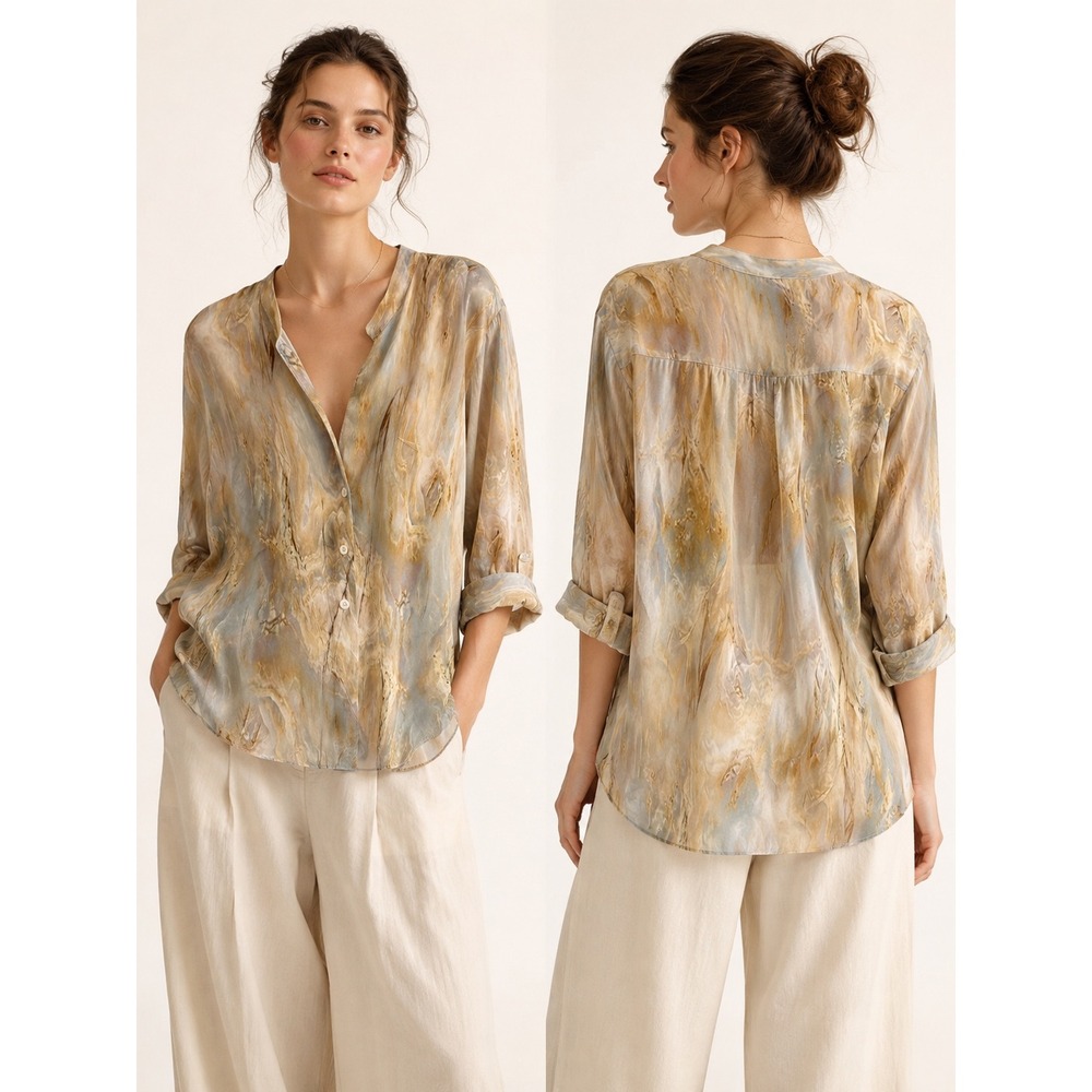 Zara Blouse Womens Small Tan Excellent Quiet Luxury Marble Print Boho Chic